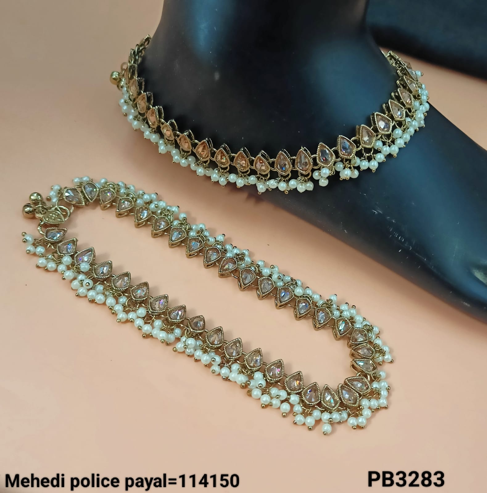 Traditional CZ & Pearl Payal Anklet – Handcrafted Ethnic Jewelry